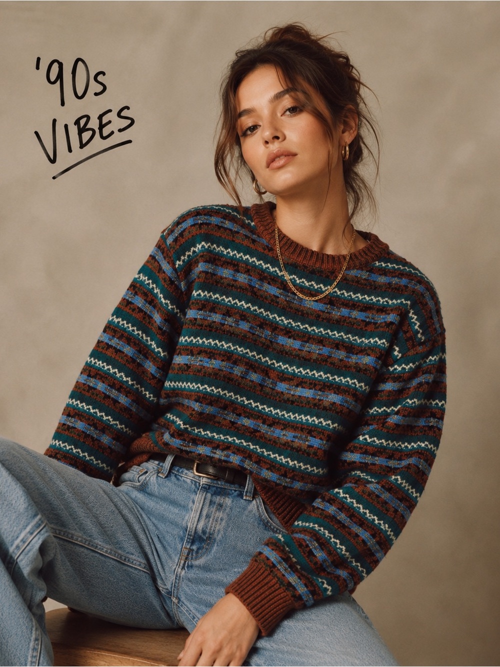 Vintage Arrow Multi Color Fair Isle Crew Neck Long Sleeve Acrylic Sweater 2X